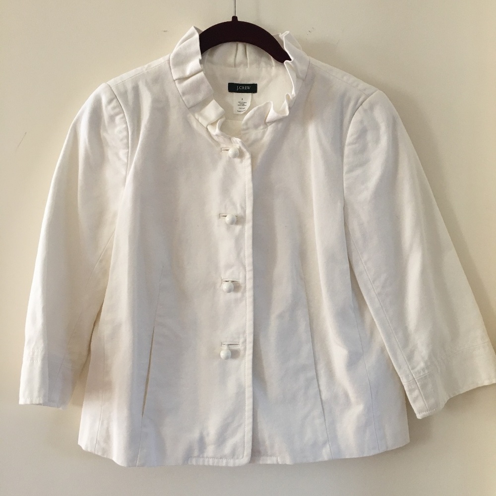 J Crew White Button Down Ruffle Blazer, Size 2